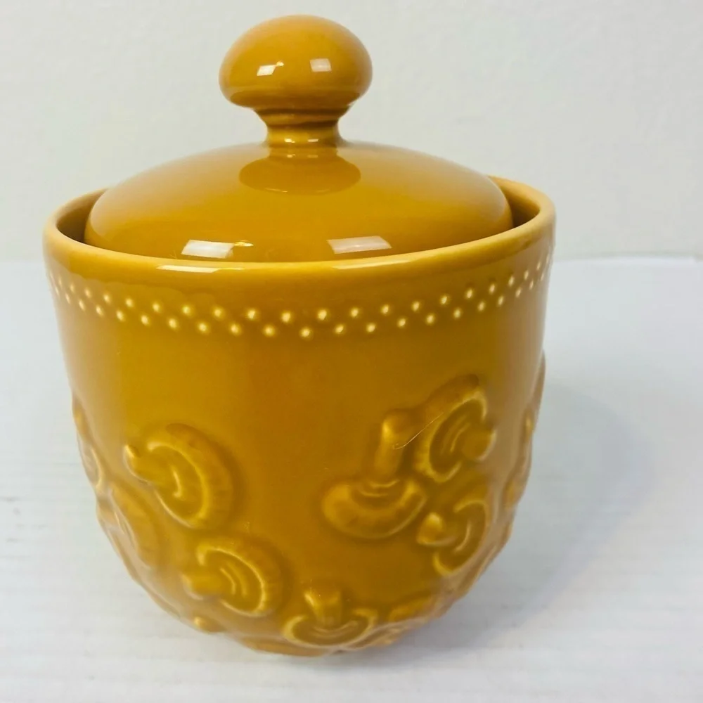 Pier 1 Mushroom Embossed Earthenware Canister W/ Lid 6” x 4.5”